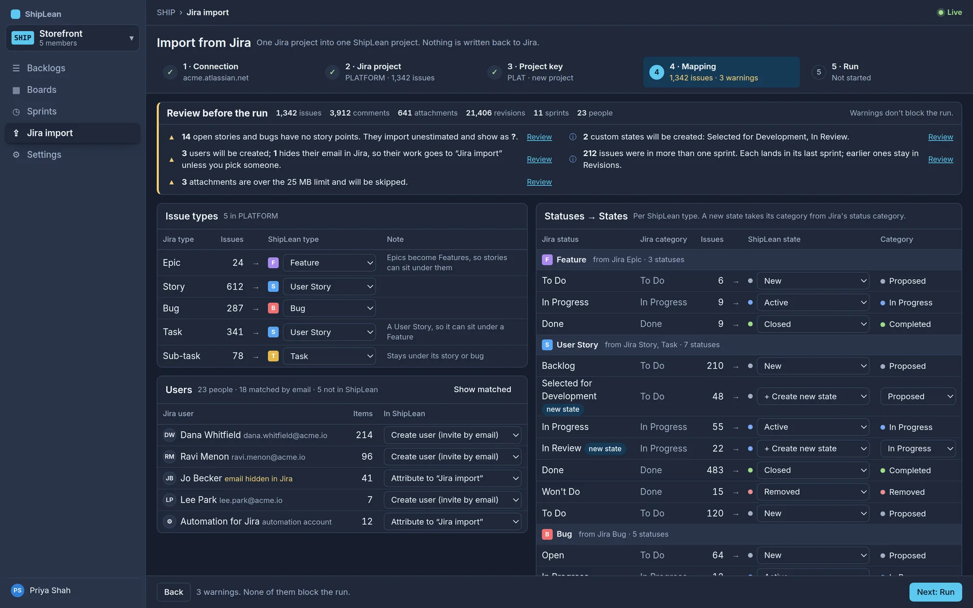 Jira import mapping review, dark