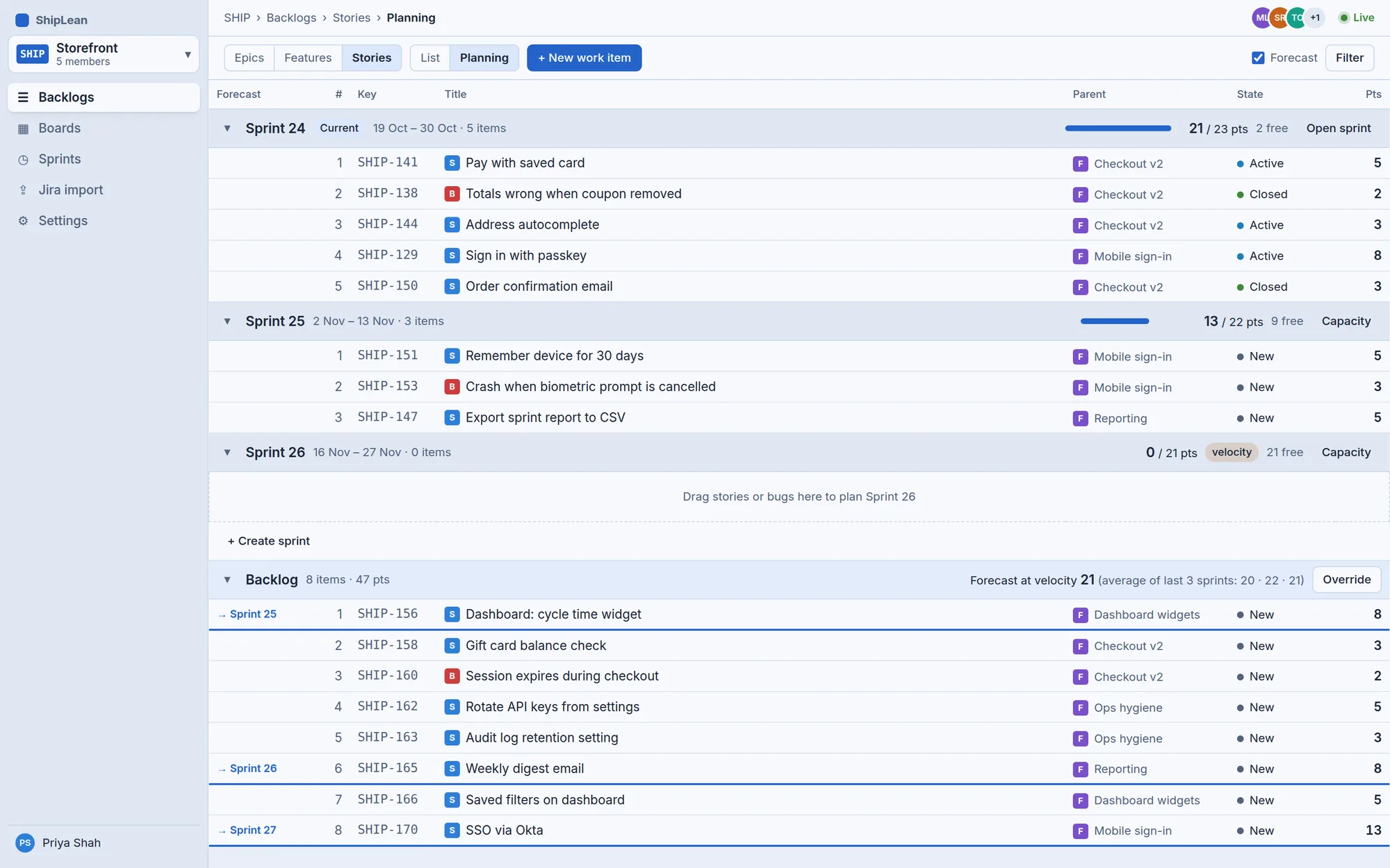 ShipLean Planning screen