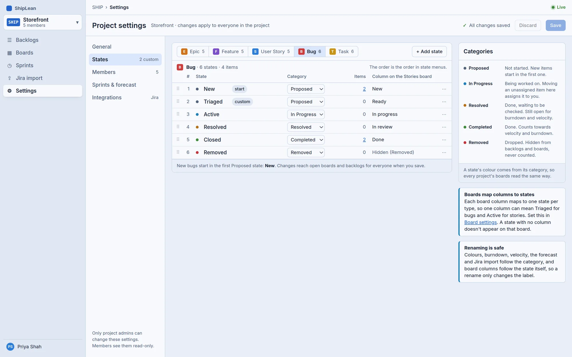 ShipLean Settings screen